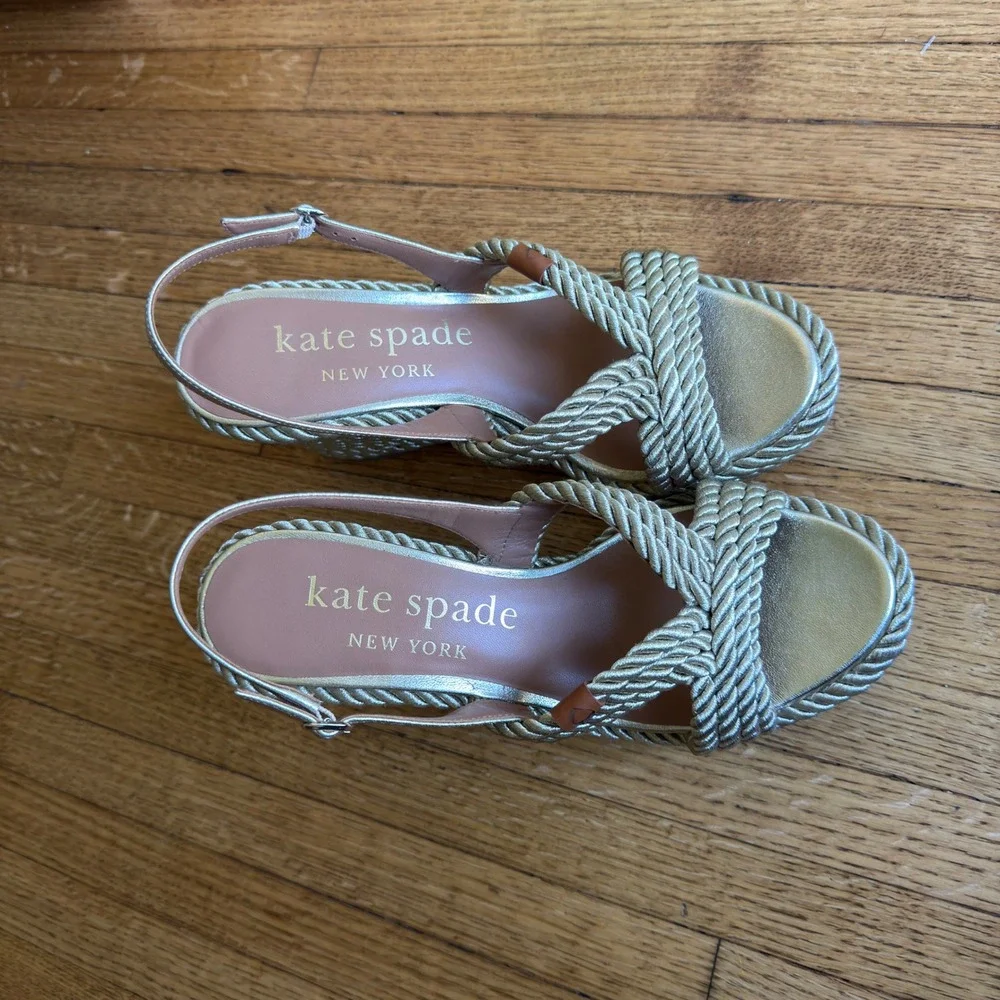 Kate Spade New York Metallic Gold Rope Platform Wedge Slingback Sandals 9.5